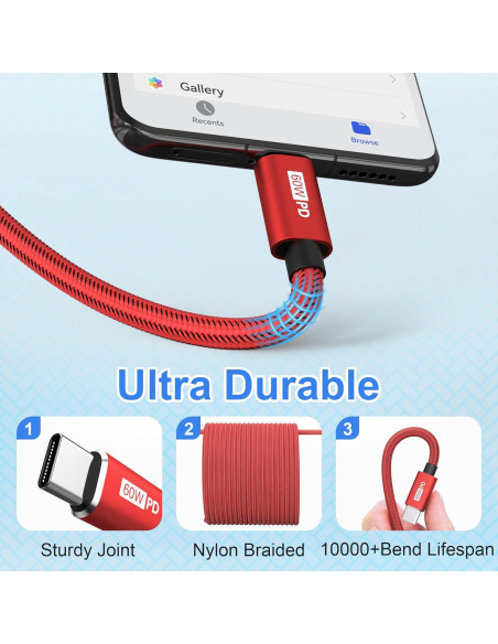 Cable USB C a USB C Bynccea 3m Paquete de 4 Carga Rápida 60W