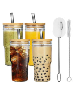 Juego de 4 Tazas de Vidrio ALINK con Tapas de Bambú 624ml