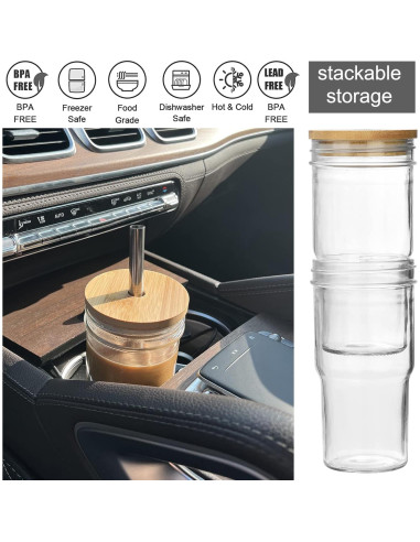 Juego de 4 Tazas de Vidrio ALINK con Tapas de Bambú 624ml