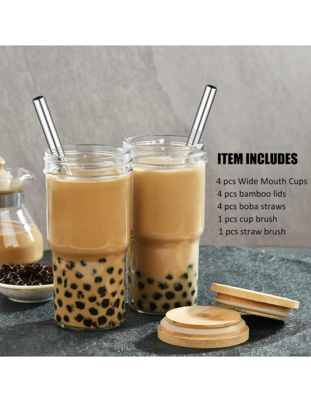 Juego de 4 Tazas de Vidrio ALINK con Tapas de Bambú 624ml