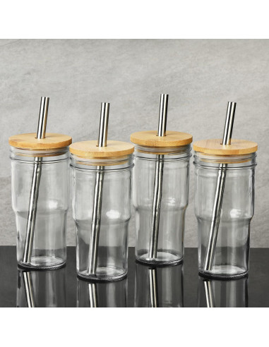 Juego de 4 Tazas de Vidrio ALINK con Tapas de Bambú 624ml