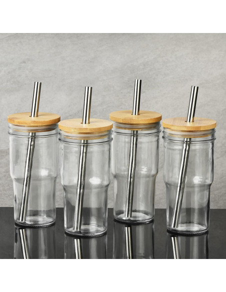 Juego de 4 Tazas de Vidrio ALINK con Tapas de Bambú 624ml
