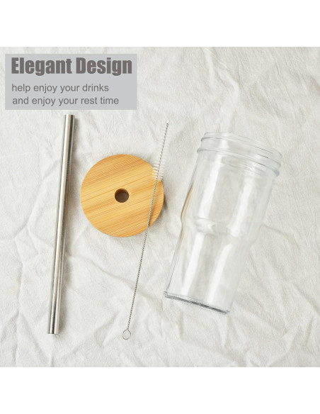 Juego de 4 Tazas de Vidrio ALINK con Tapas de Bambú 624ml