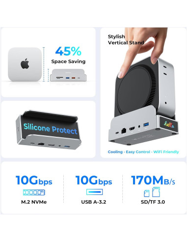 Soporte Dock Pro RayCue para Mac mini M4 - Hub 11 en 1 4K