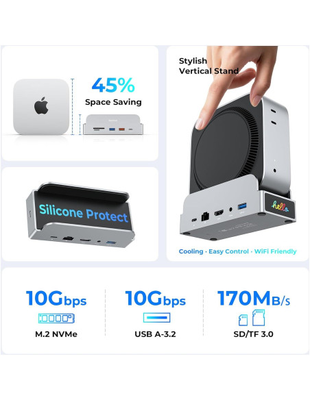 Soporte Dock Pro RayCue para Mac mini M4 - Hub 11 en 1 4K