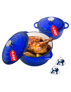 Juego de Ollas de Hierro Fundido Romswi 3qt y 5.5qt Azul