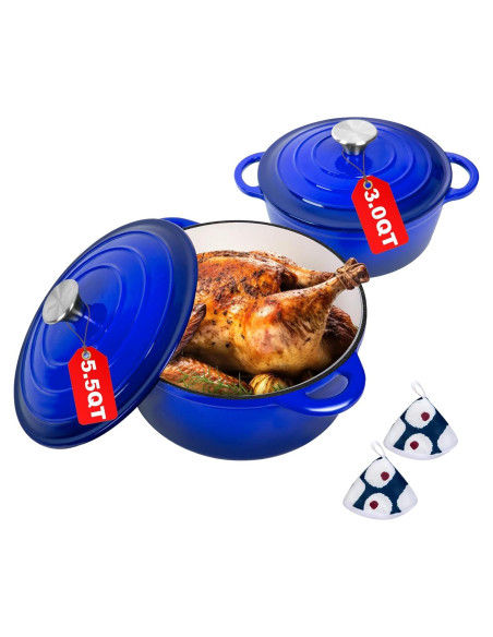 Juego de Ollas de Hierro Fundido Romswi 3qt y 5.5qt Azul