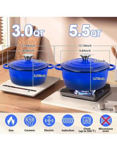 Juego de Ollas de Hierro Fundido Romswi 3qt y 5.5qt Azul