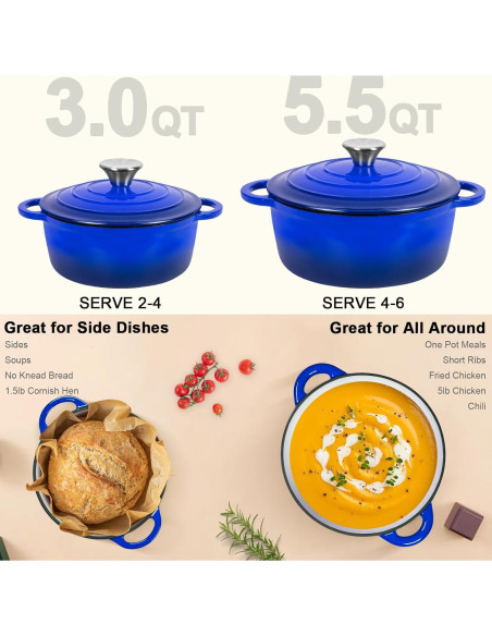 Juego de Ollas de Hierro Fundido Romswi 3qt y 5.5qt Azul