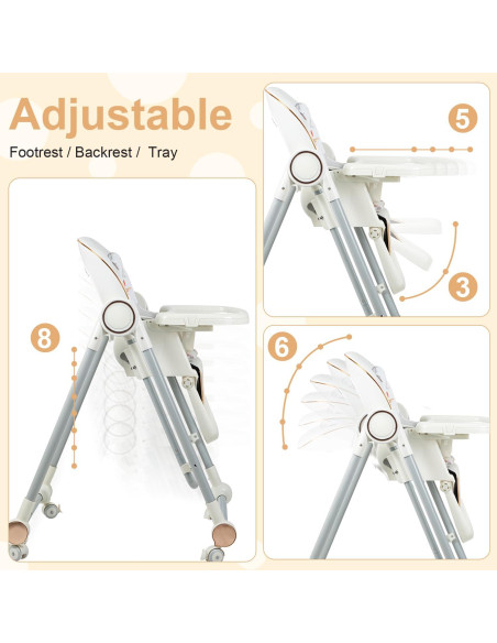 Silla Alta Plegable para Bebés 6-36 Meses con Bandeja y Respaldo