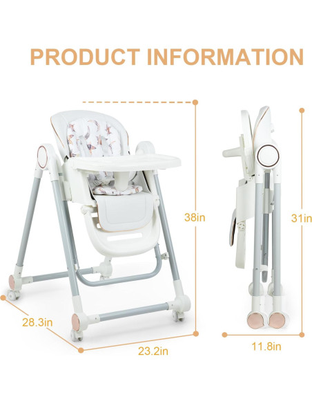 Silla Alta Plegable para Bebés 6-36 Meses con Bandeja y Respaldo
