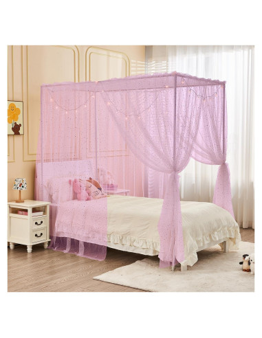 Dosel Rosa Brillante con Luces y Lentejuelas para Cama Individual