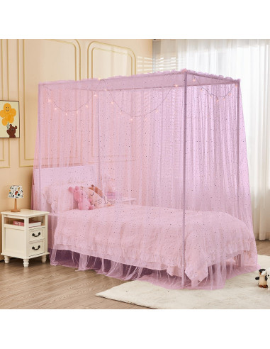 Dosel Rosa Brillante con Luces y Lentejuelas para Cama Individual