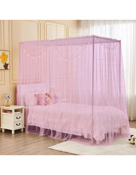Dosel Rosa Brillante con Luces y Lentejuelas para Cama Individual