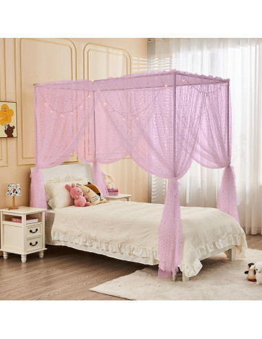 Dosel Rosa Brillante con Luces y Lentejuelas para Cama Individual