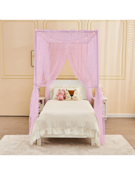 Dosel Rosa Brillante con Luces y Lentejuelas para Cama Individual