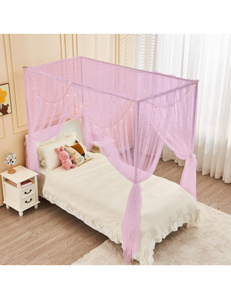 Dosel Rosa Brillante con Luces y Lentejuelas para Cama Individual