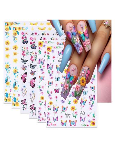 Calcomanías de Uñas 3D POWPOP Flores Mariposa 6 Hojas