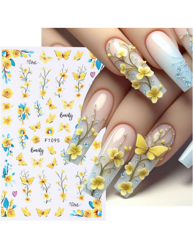 Calcomanías de Uñas 3D POWPOP Flores Mariposa 6 Hojas