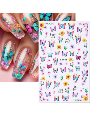 Calcomanías de Uñas 3D POWPOP Flores Mariposa 6 Hojas