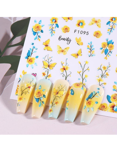 Calcomanías de Uñas 3D POWPOP Flores Mariposa 6 Hojas