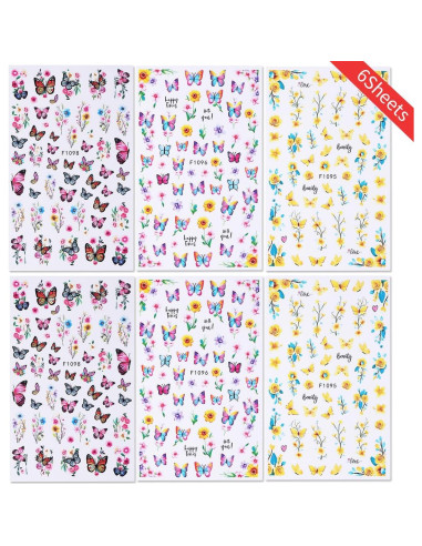 Calcomanías de Uñas 3D POWPOP Flores Mariposa 6 Hojas