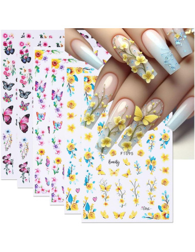 Calcomanías de Uñas 3D POWPOP Flores Mariposa 6 Hojas
