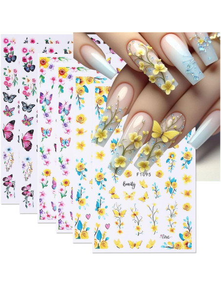 Calcomanías de Uñas 3D POWPOP Flores Mariposa 6 Hojas