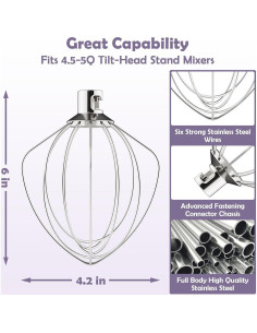 Batidor de 6 Alambres Acero Inoxidable GVODE para KitchenAid 2