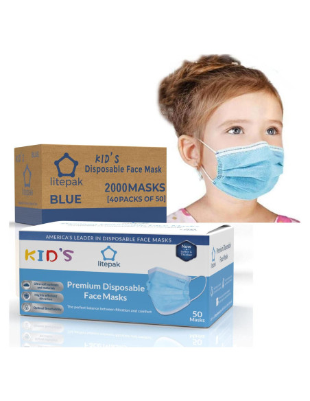 2000 Mascarillas Desechables para Niños Litepak 3 Capas Azul