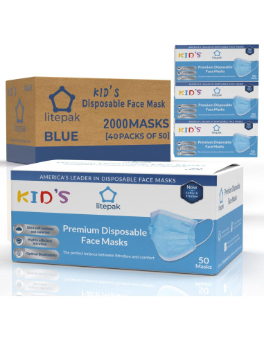2000 Mascarillas Desechables para Niños Litepak 3 Capas Azul