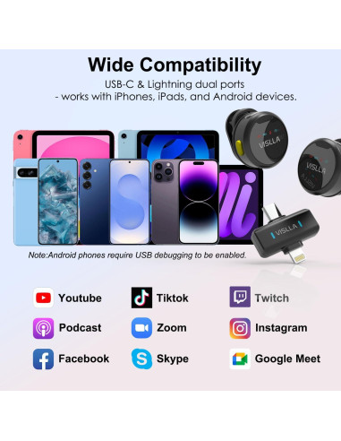 Micrófono Lavalier Inalámbrico Vislla Spark C1, 12H Batería, Reducción de Ruido