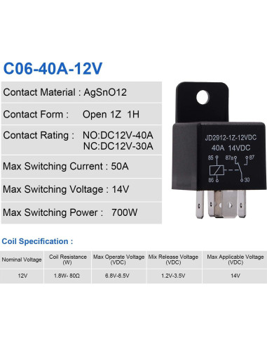 Relé de Motor EHDIS 12V 40A 5 Pines SPDT Paquete de 2