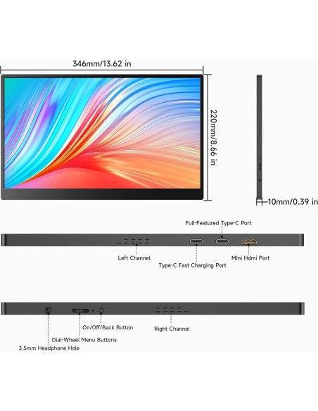 Monitor Portátil AYY 15" FHD 1080P USB-C HDMI Ultra Delgado