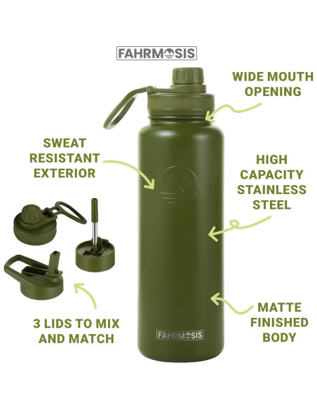 Botella de Agua 40 Oz FAHRMOSIS Acero Inoxidable Verde Militar