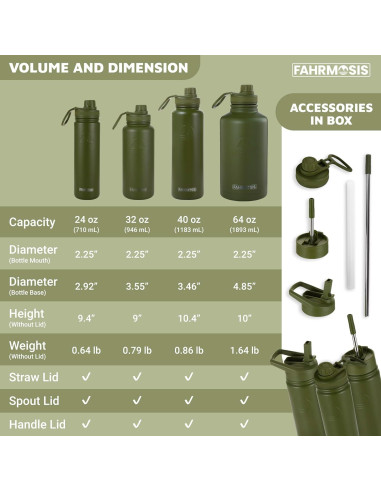 Botella de Agua 40 Oz FAHRMOSIS Acero Inoxidable Verde Militar