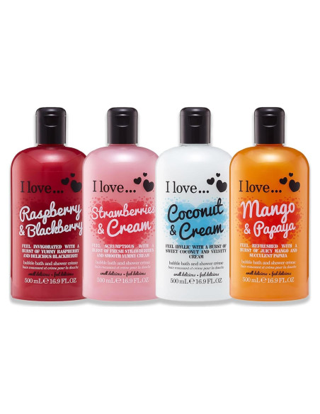 Set de Gel de Baño I LOVE - 4 Piezas 500 ml - Fresas, Frambuesa, Mango, Coco