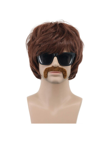 Peluca Disco para Hombres VGbeaty Marrón con Bigote 22.86 cm