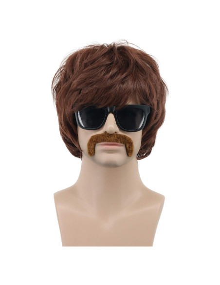 Peluca Disco para Hombres VGbeaty Marrón con Bigote 22.86 cm