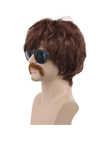 Peluca Disco para Hombres VGbeaty Marrón con Bigote 22.86 cm