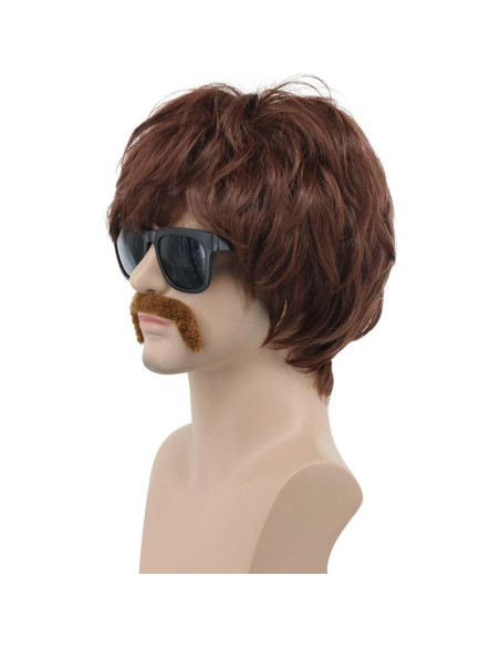 Peluca Disco para Hombres VGbeaty Marrón con Bigote 22.86 cm
