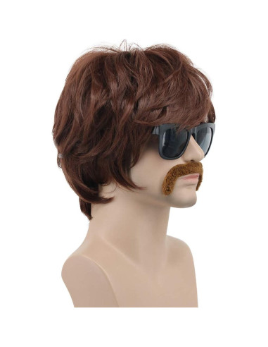 Peluca Disco para Hombres VGbeaty Marrón con Bigote 22.86 cm
