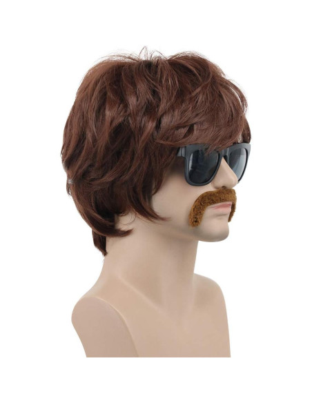 Peluca Disco para Hombres VGbeaty Marrón con Bigote 22.86 cm