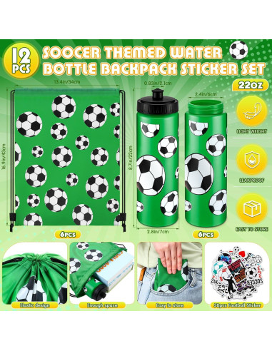 Set 24 Pcs Botellas de Agua Funnymoom Fútbol 20oz y Mochilas