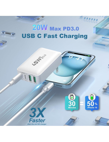 Cargador de Pared USB C OKRAY 40W 4 Puertos Carga Rápida