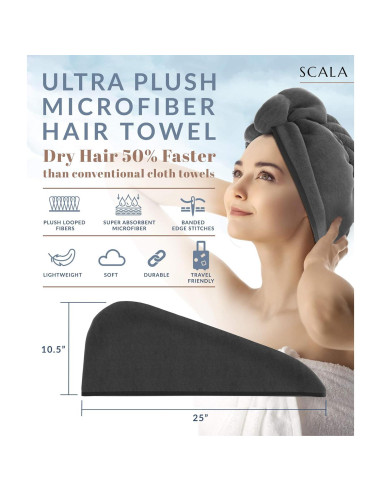 Toalla Turbante Scala Microfibra Secado Rápido 2 Piezas Gris