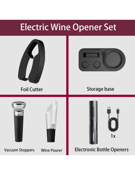 Abridor de Vino Eléctrico Aieeop 5 en 1 Recargable Negro