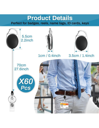60 Portatarjetas Retráctiles Selizo con Clip Carabiner Negro