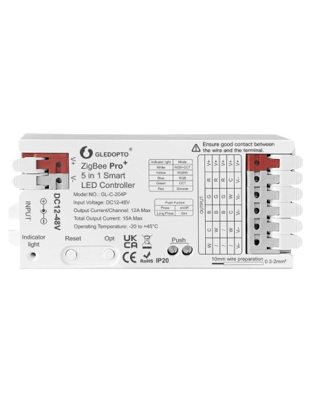 Controlador LED GLEDOPTO ZigBee Pro 5 en 1 DC 12-48V 15A