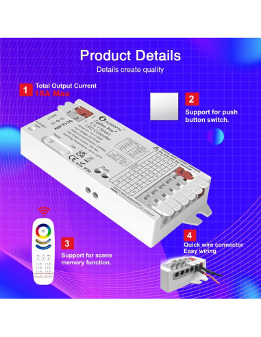Controlador LED GLEDOPTO ZigBee Pro 5 en 1 DC 12-48V 15A